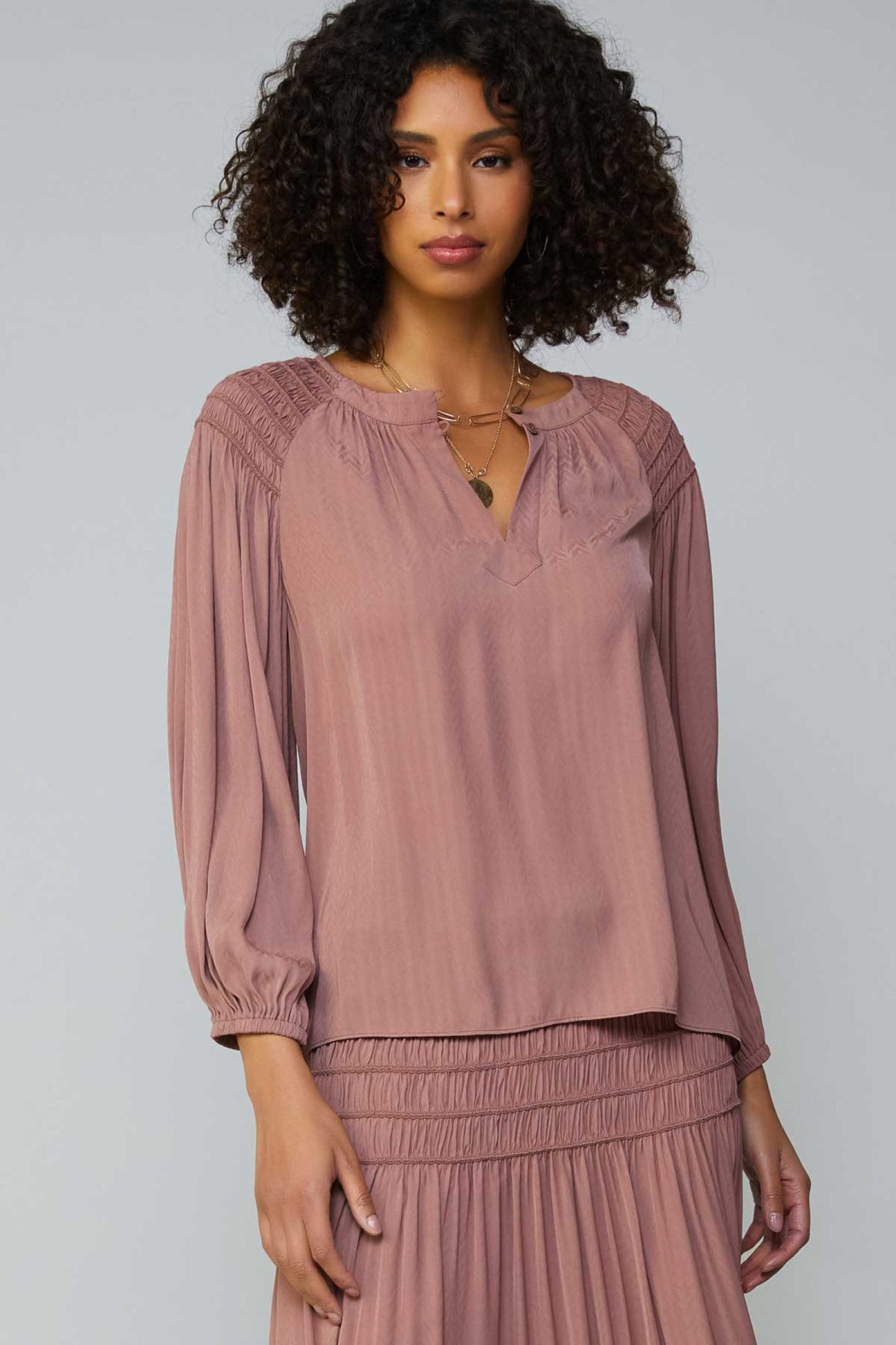 CURRENT AIR LONG SLEEVE SPLIT NECK WITH BUTTON BLOUSE - Devine 23