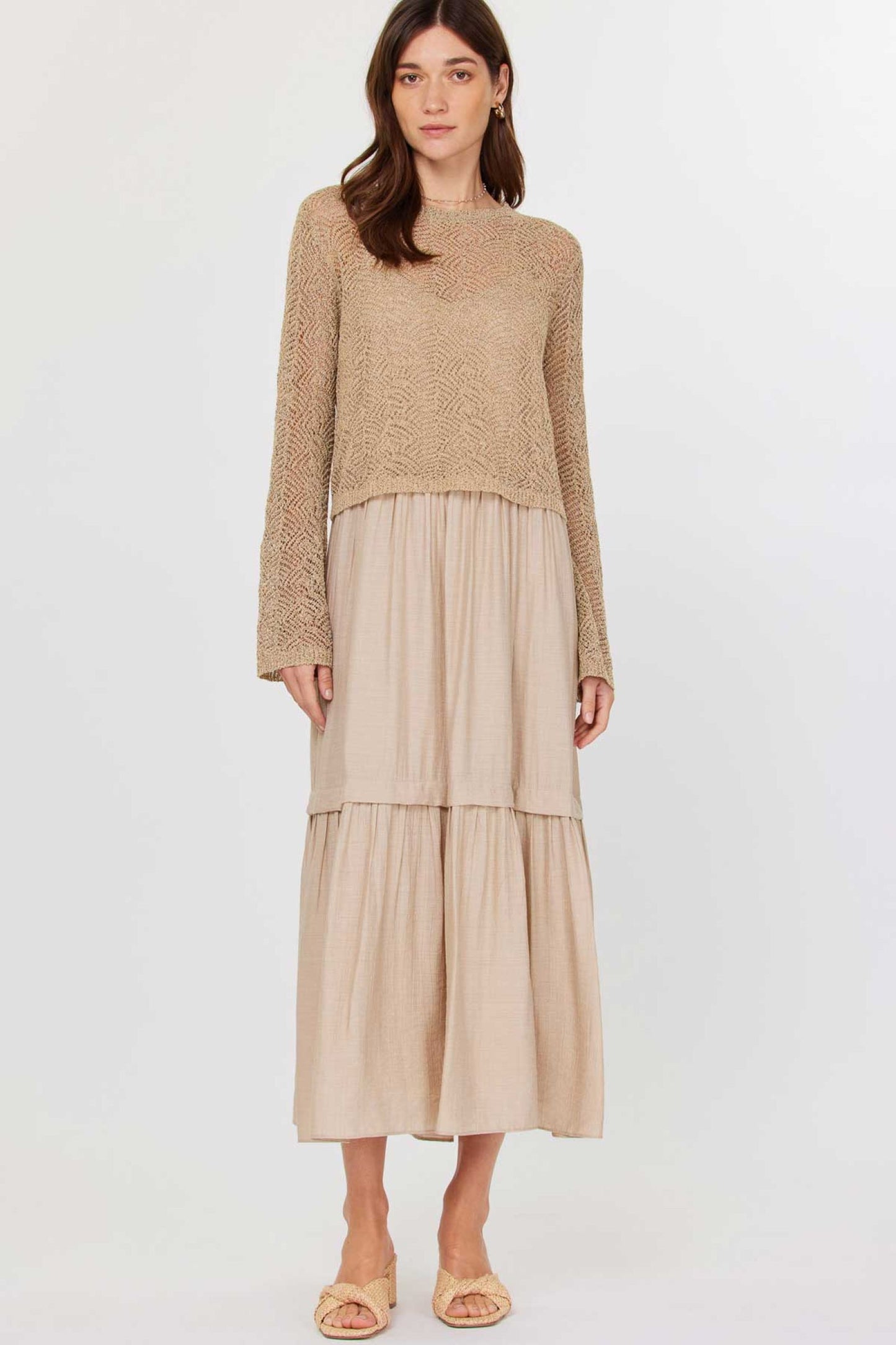 CURRENT AIR ROUND NECK LONG-SLEEVE TWO FER SWEATER & TIERED MIDI DRESS SETS - Devine 23