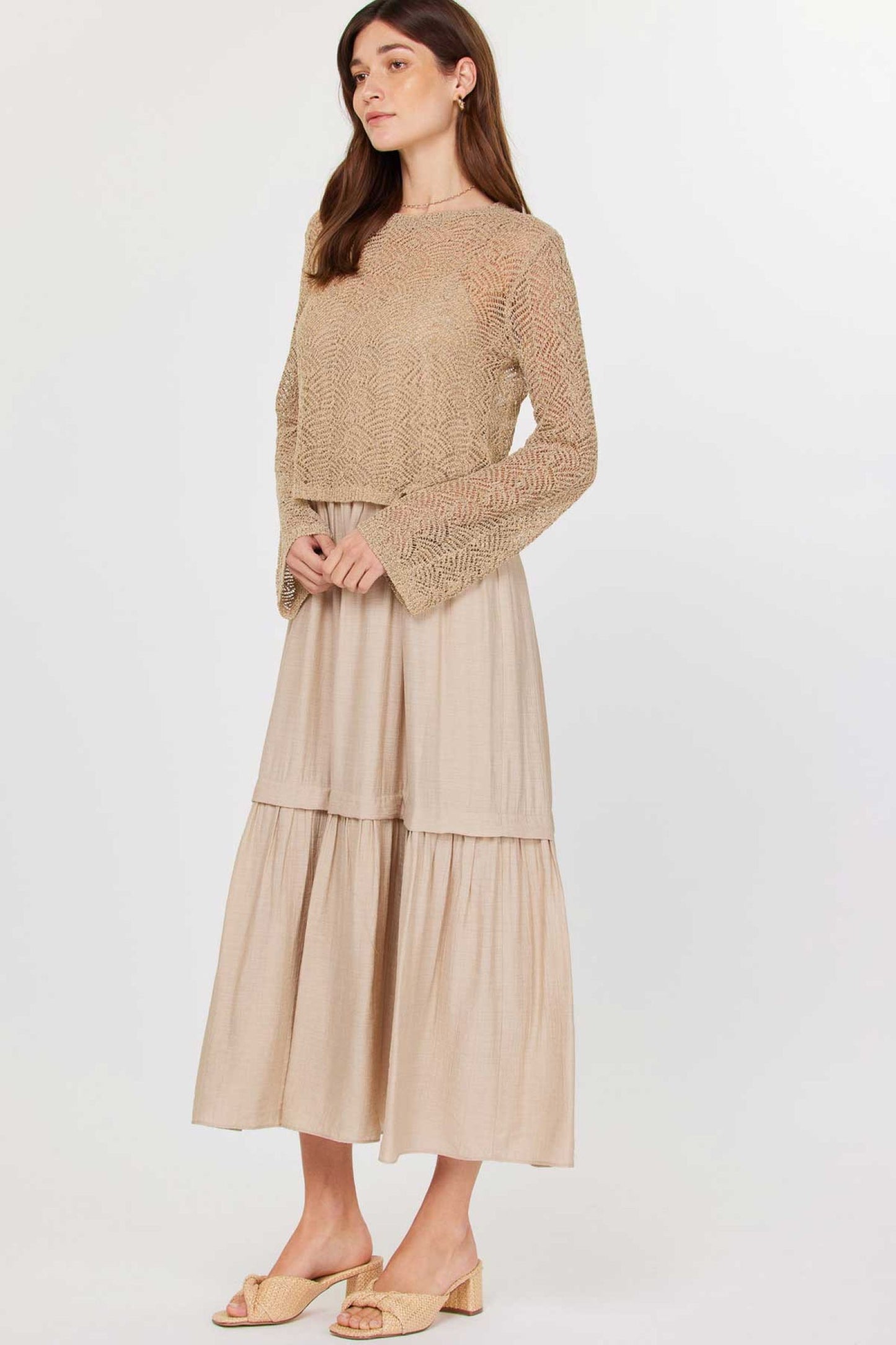 CURRENT AIR ROUND NECK LONG-SLEEVE TWO FER SWEATER & TIERED MIDI DRESS SETS - Devine 23