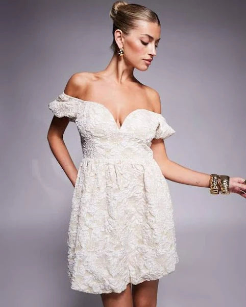 LULUS AVERY JACQUARD PUFF SLEEVE MINI DRESS - Devine 23