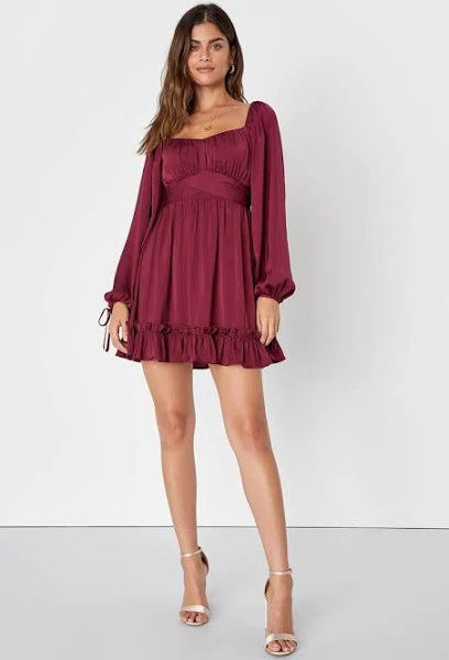 Lulus Satin Long Sleeve Skater Mini Dress - Devine 23