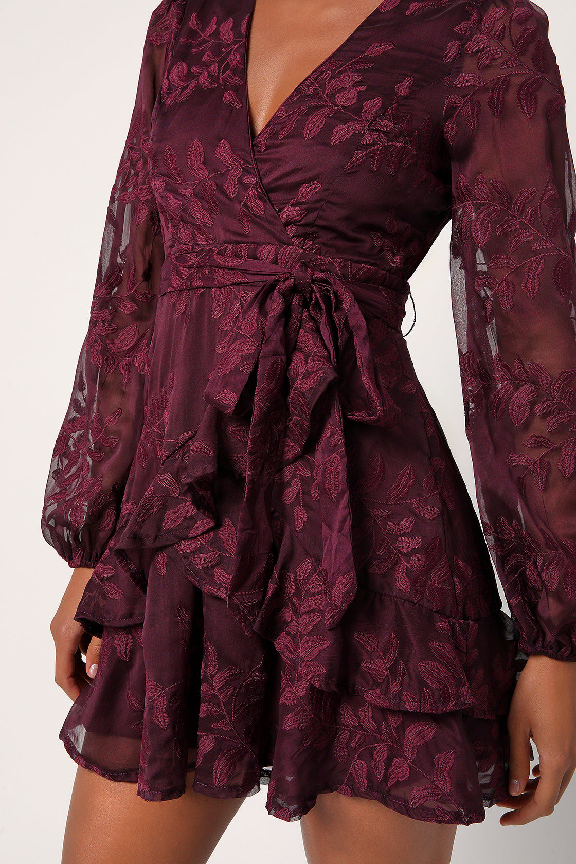 LULUS INCLINED TO ROMANCE BURGUNDY FLORAL EMBROIDERED MINI DRESS - Devine 23