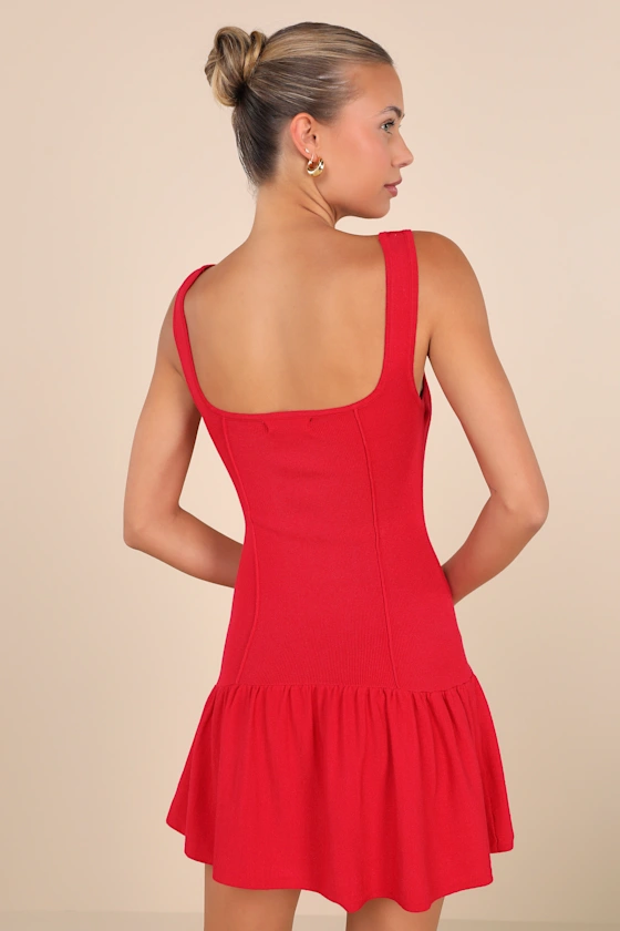 LULUS PLAYFUL ATTITUDE RED SLEEVELESS SEAMED DROP-WAIST MINI DRESS - Devine 23