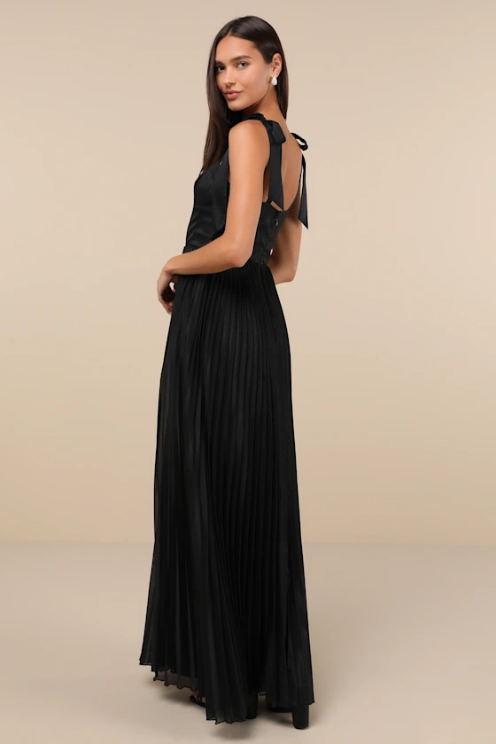 LULUS ATTENTIVE ELEGANCE BLACK TIE-STRAP BUSTIER PLEATED MAXI DRESS - Devine 23