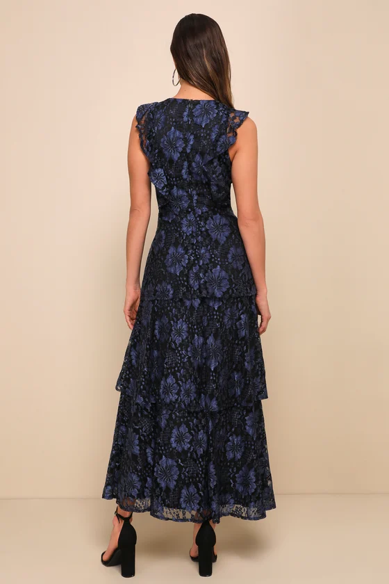 LULUS MOLINETTO NAVY BLUE LACE RUFFLED TIERED SLEEVELESS MAXI DRESS - Devine 23