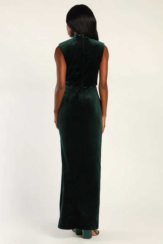 LULUS ALLURING IMAGE EMERALD RUCHED VELVET MOCK NECK MAXI DRESS - Devine 23