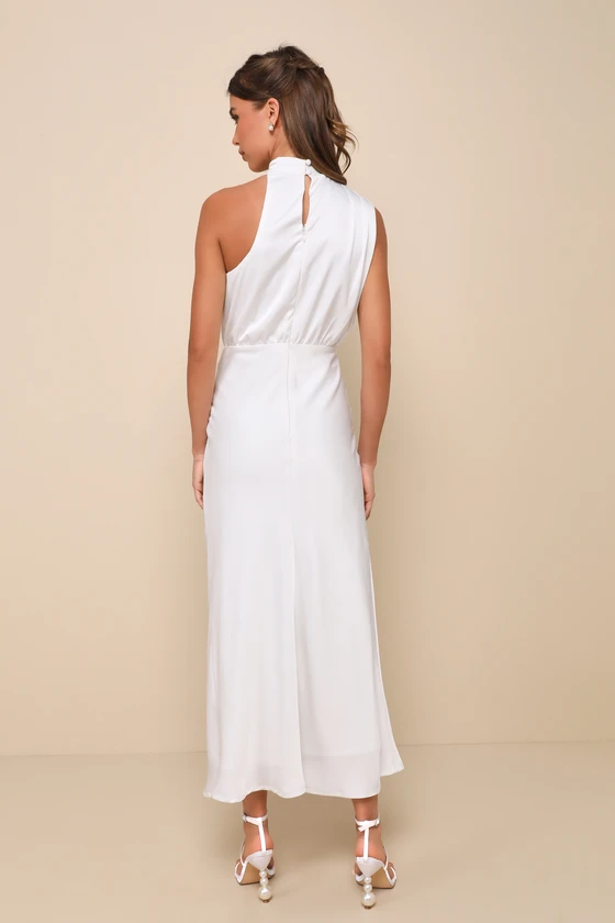 LULUS DISTINCTIVE CHARM WHITE SATIN ASYMMETRICAL MIDI DRESS - Devine 23