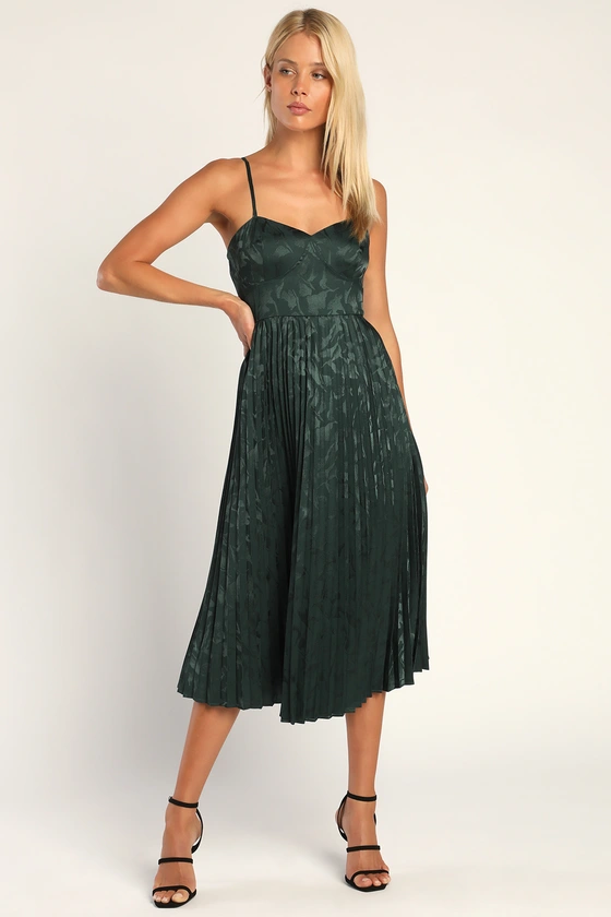 LULUS CHIC SENSIBILITY SATIN JACQUARD PLEATED MIDI DRESS - Devine 23