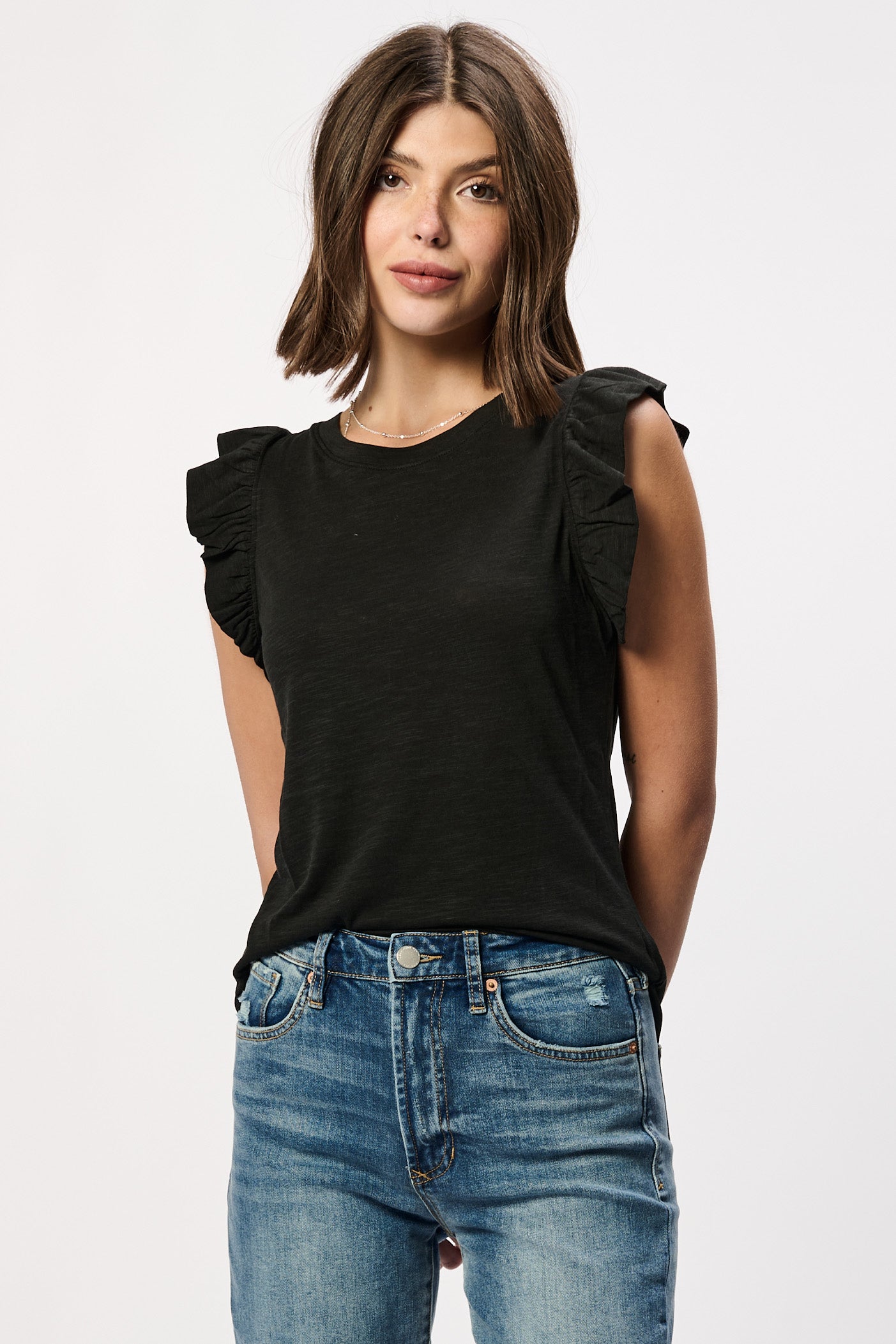 ANOTHER LOVE RUFFLE TRIMMED SLEEVE SLUB TANK TOP - Devine 23