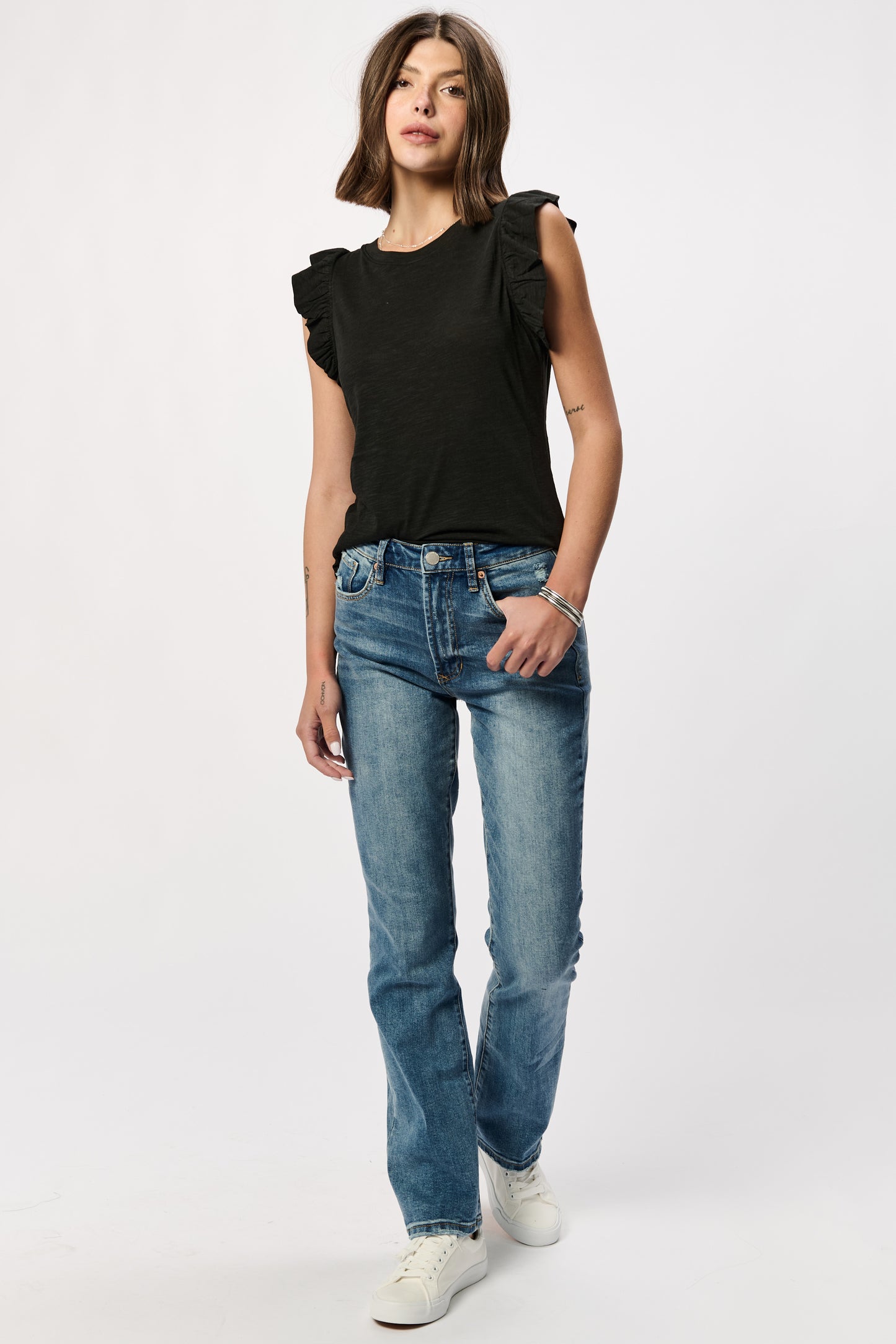 ANOTHER LOVE RUFFLE TRIMMED SLEEVE SLUB TANK TOP - Devine 23