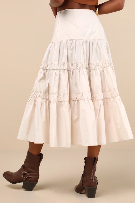 LULUS DARLING FLOURISH CREAM TIERED HIGH-RISE MIDI SKIRT - Devine 23