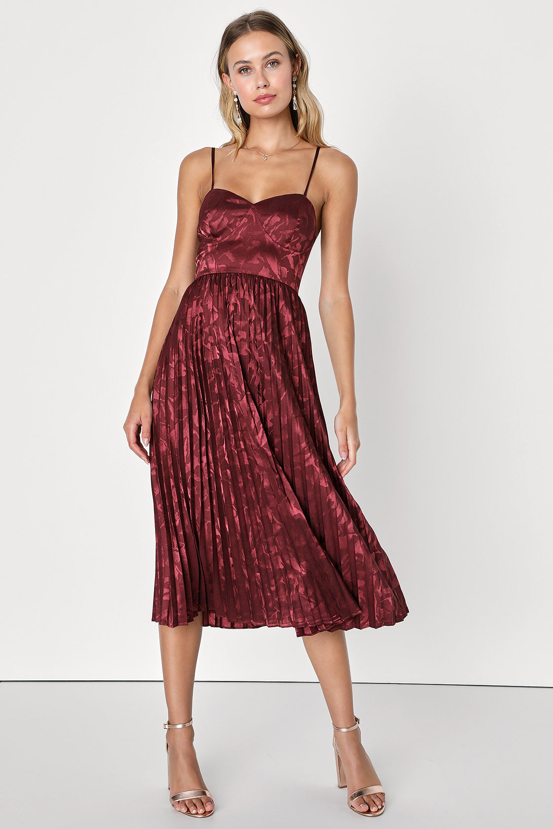 knee length dresses for ladies LULUS CHIC SENSIBILITY SATIN JACQUARD PLEATED MIDI DRESS
