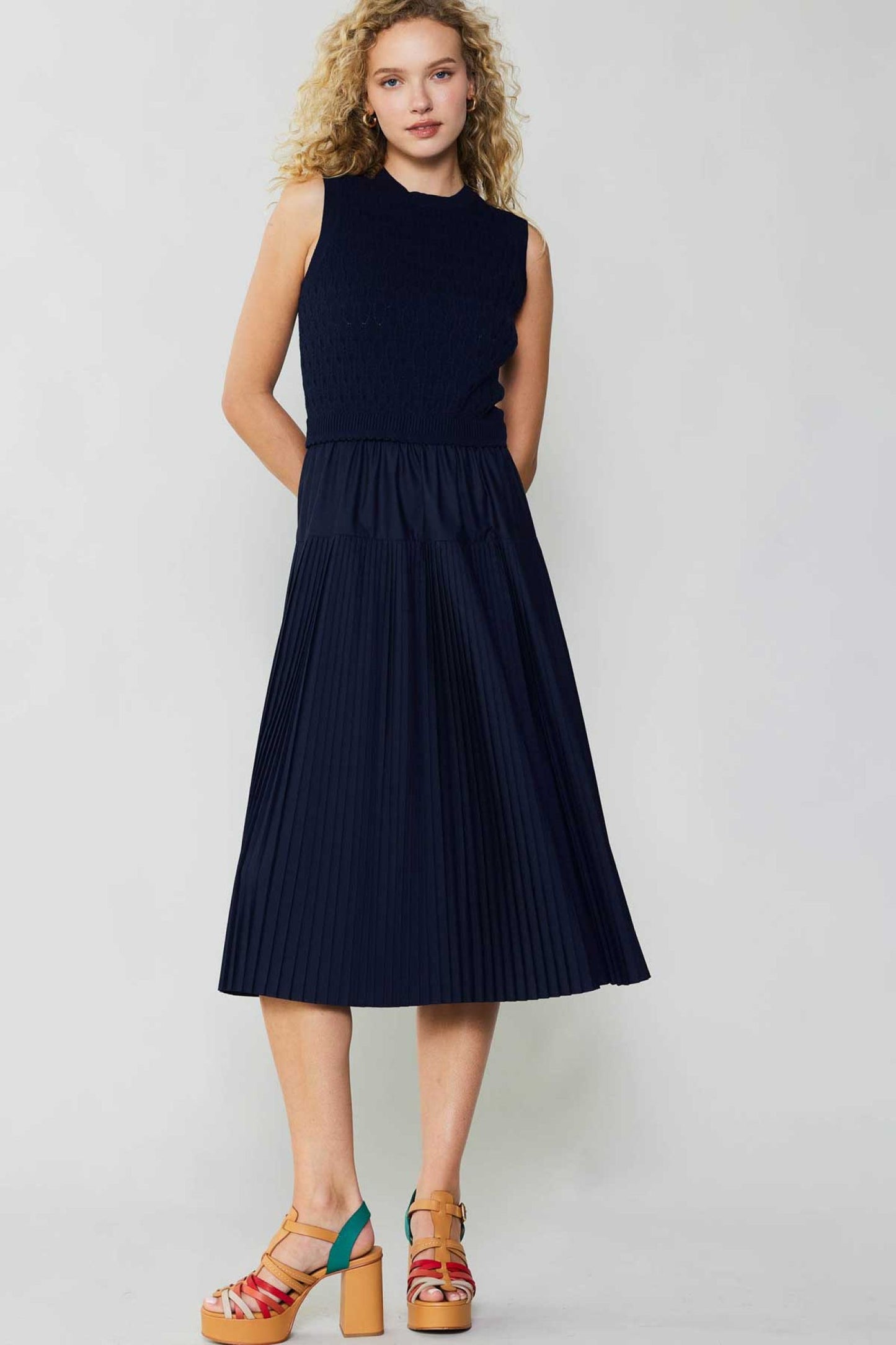 CURRENT AIR SLEEVELESS SWEATER WOVEN COMBO DRESS - Devine 23