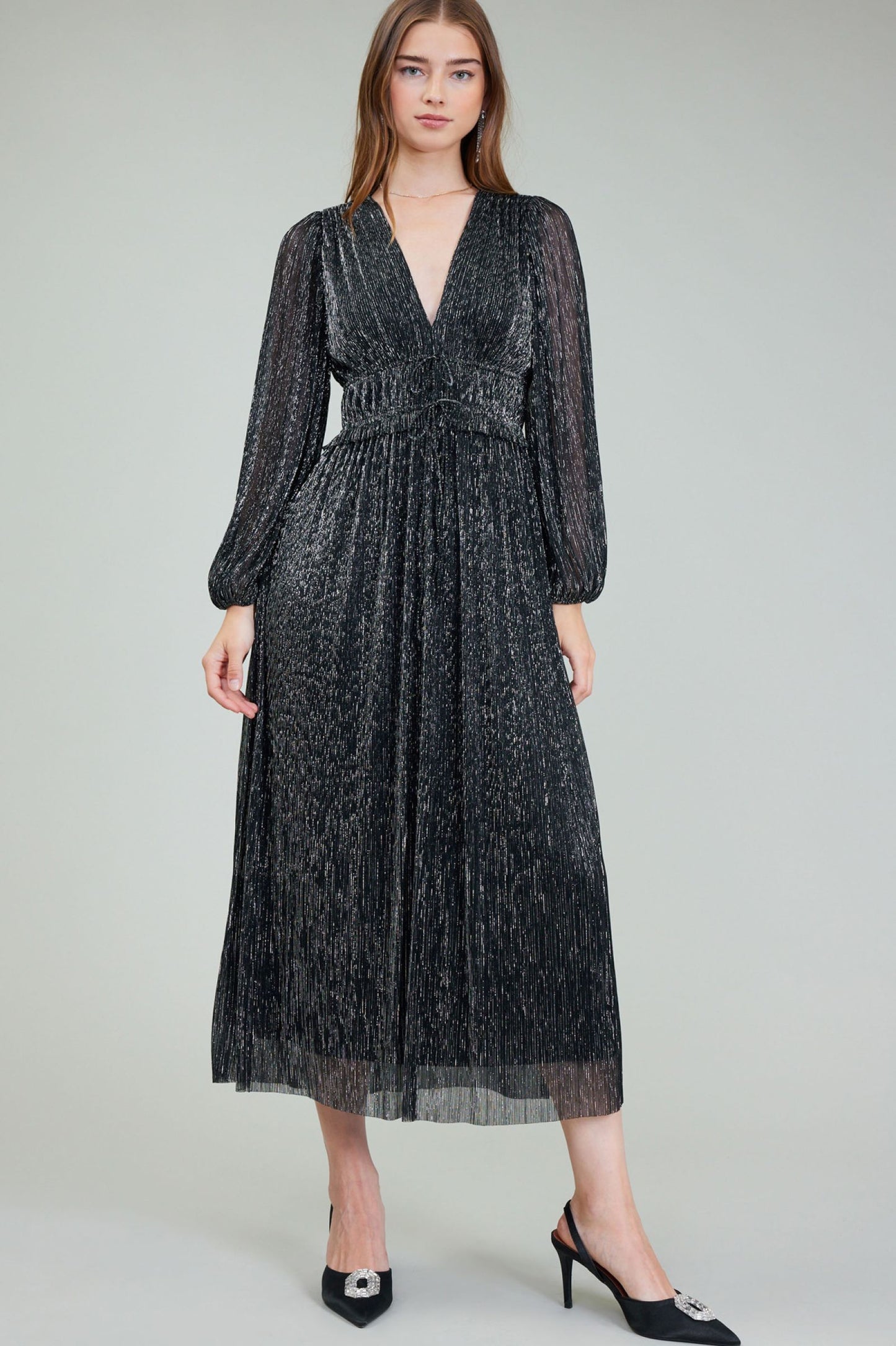 CURRENT AIR LONG DRESS WITH LONG SLEEVE PLEATED TOP - Devine 23