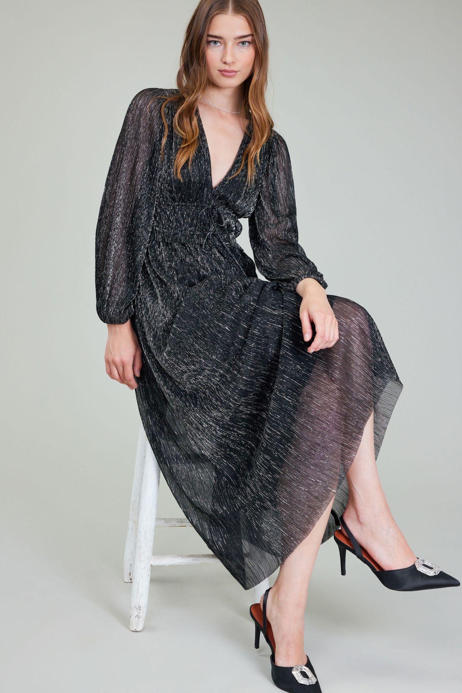 CURRENT AIR LONG DRESS WITH LONG SLEEVE PLEATED TOP - Devine 23