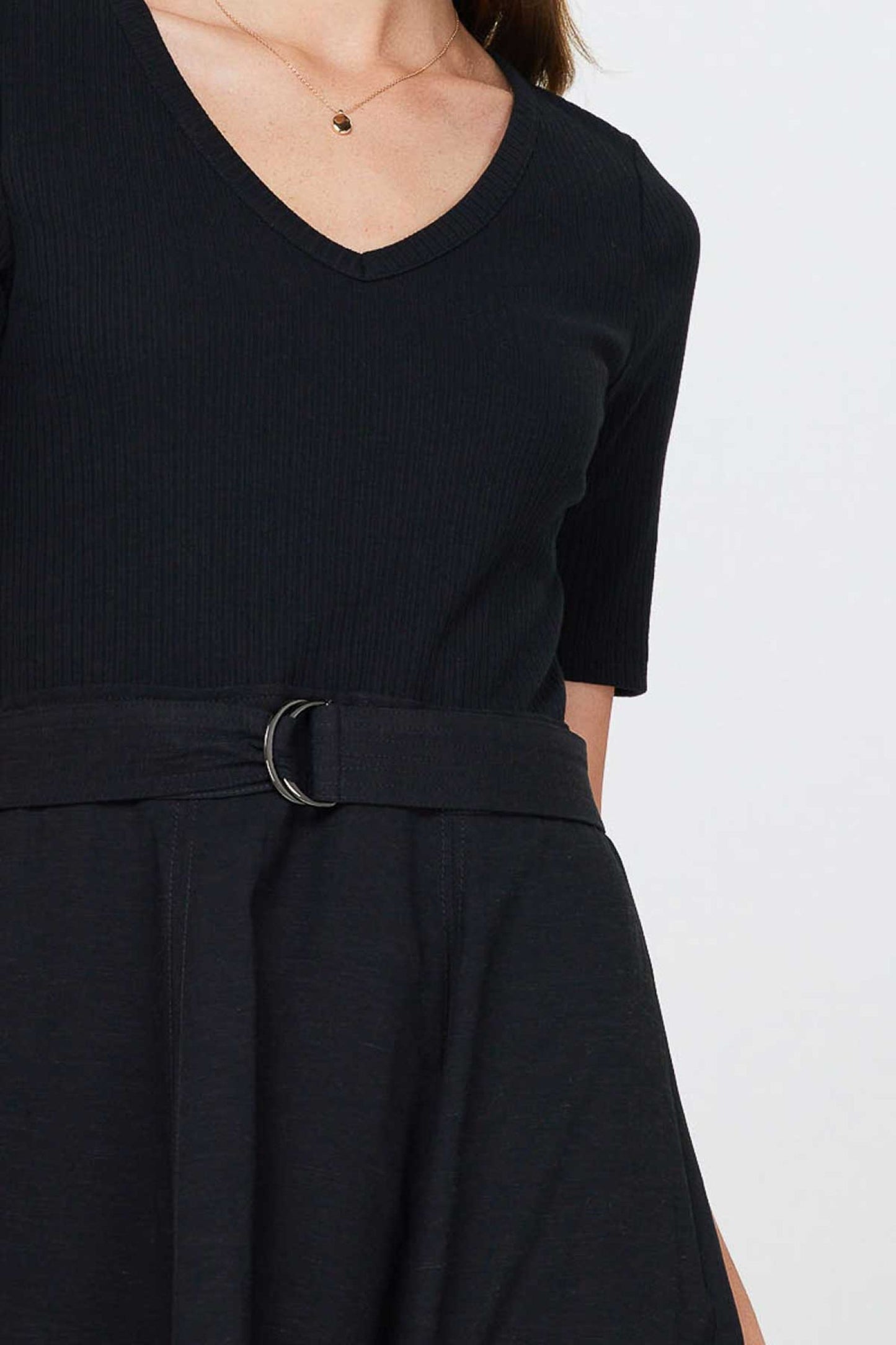 Current Air V-Neck Drees with Ribbed Knit Top With Short Sleeves - Devine 23