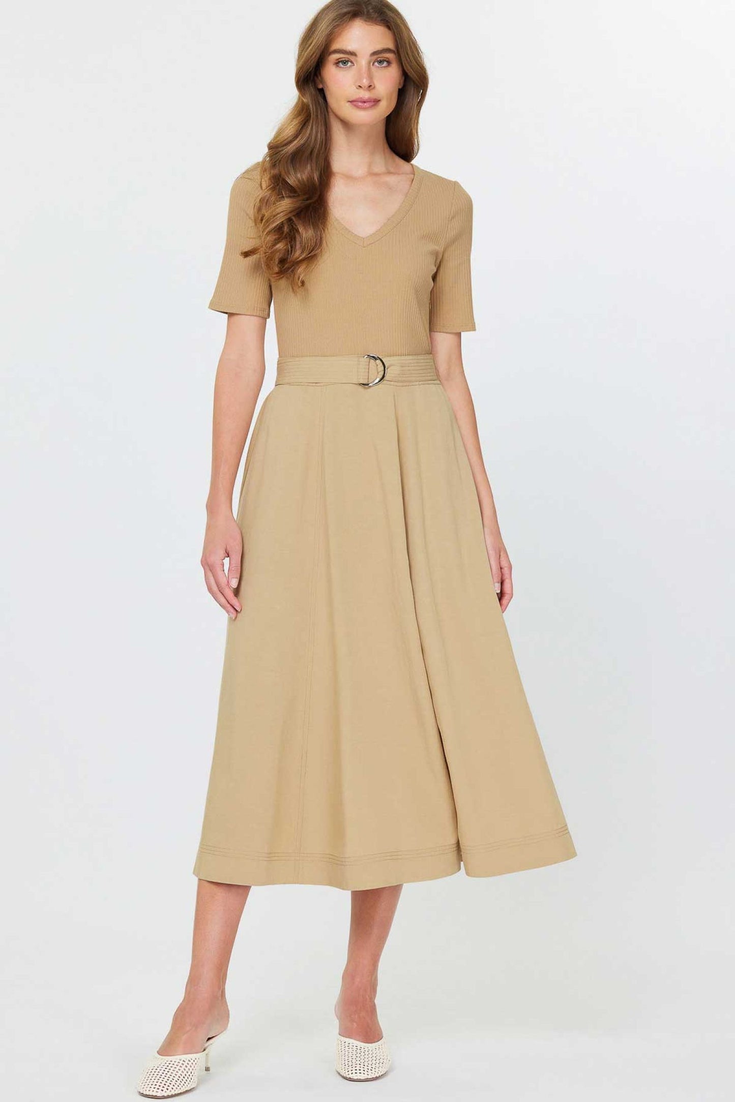 Current Air V-Neck Drees with Ribbed Knit Top With Short Sleeves - Devine 23