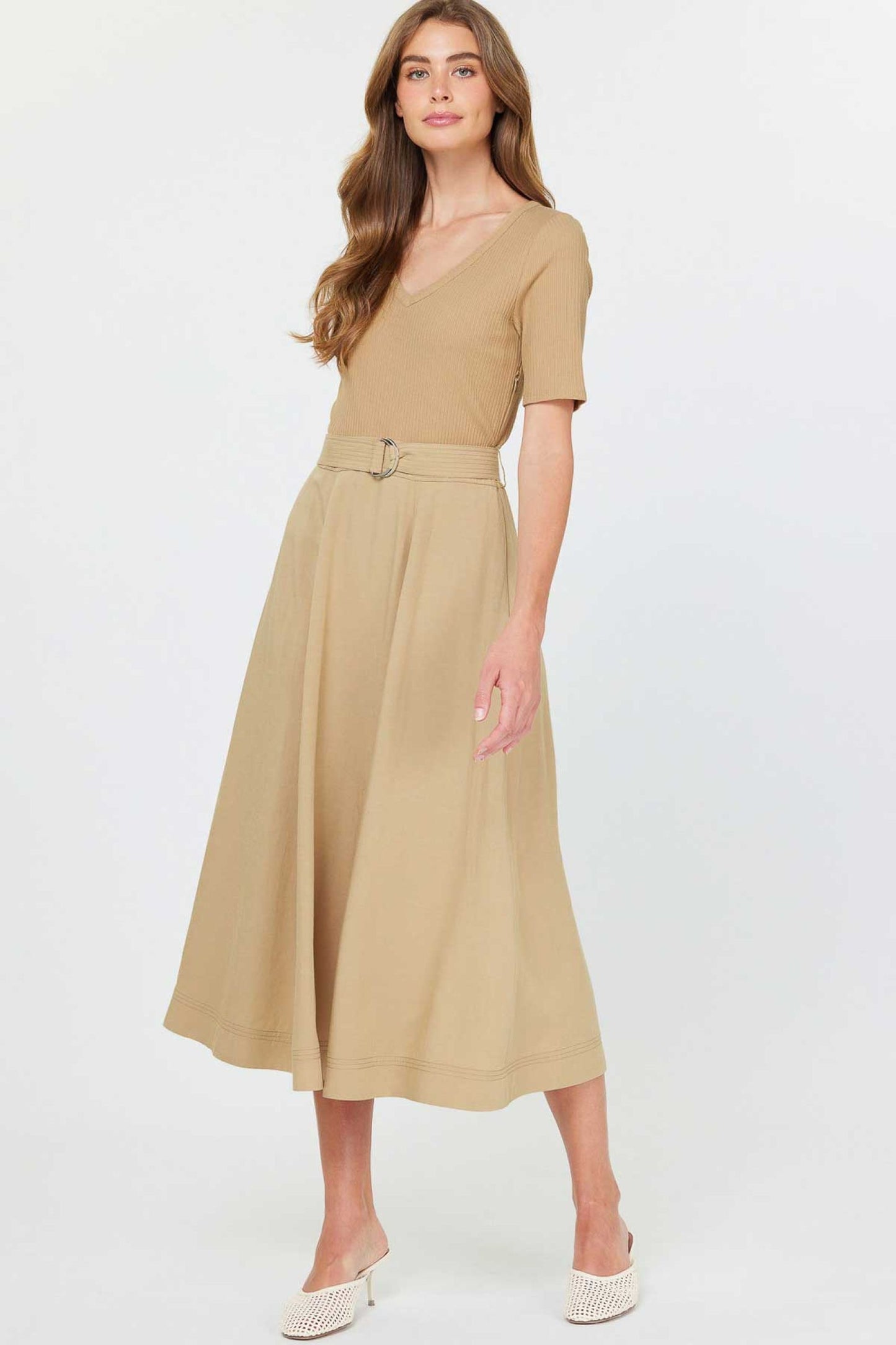 Current Air V-Neck Drees with Ribbed Knit Top With Short Sleeves - Devine 23