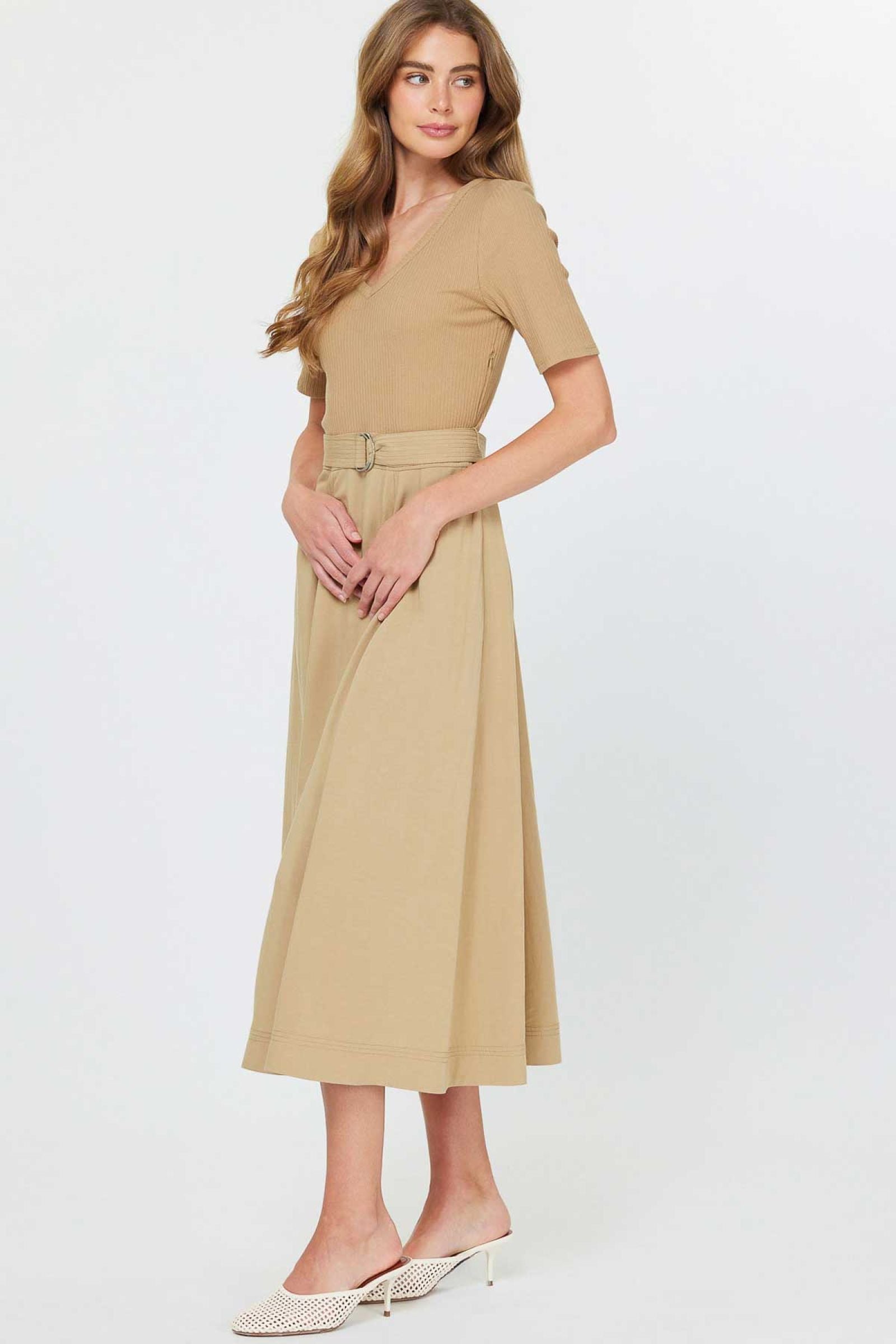Current Air V-Neck Drees with Ribbed Knit Top With Short Sleeves - Devine 23
