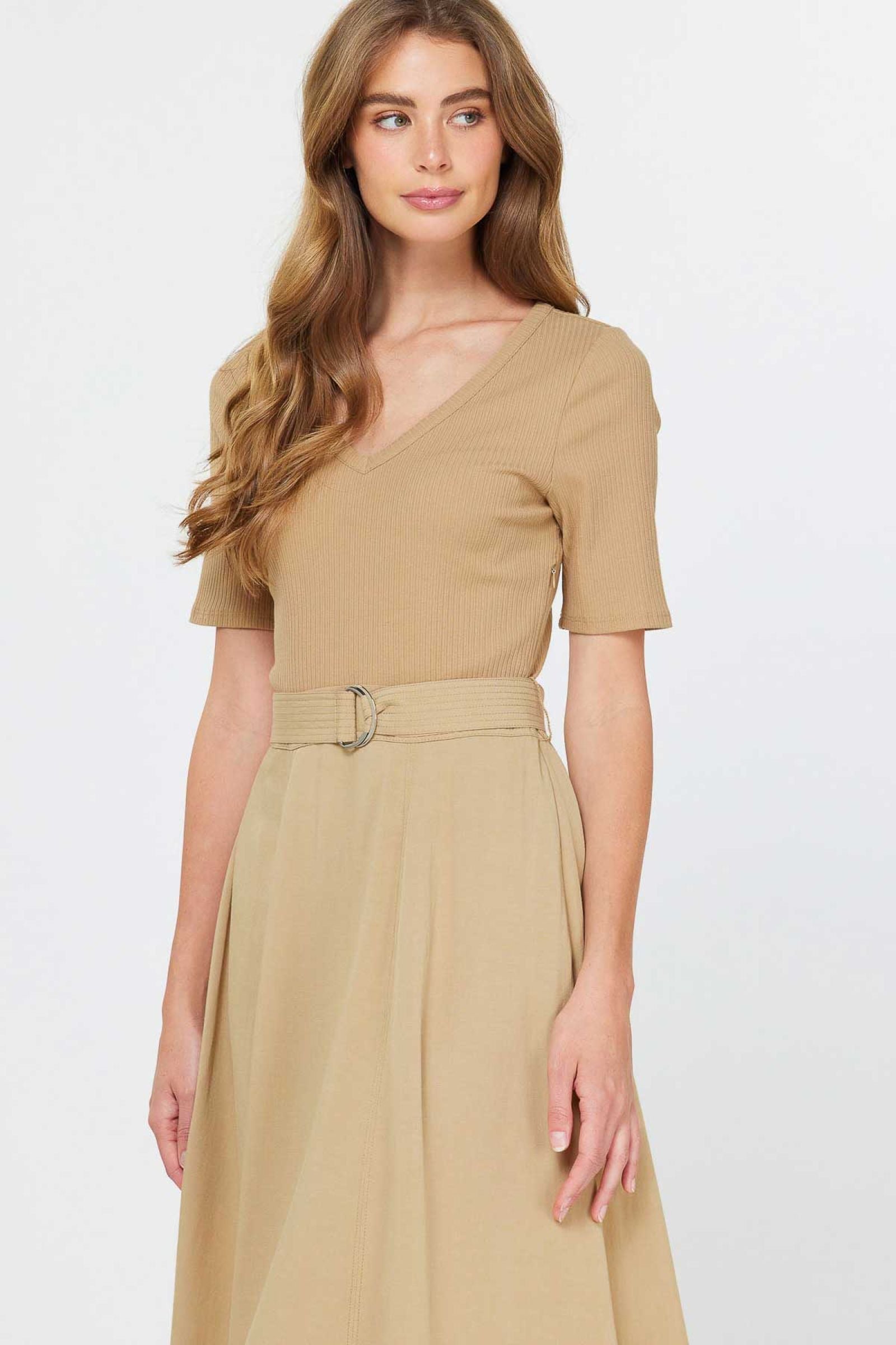 Current Air V-Neck Drees with Ribbed Knit Top With Short Sleeves - Devine 23