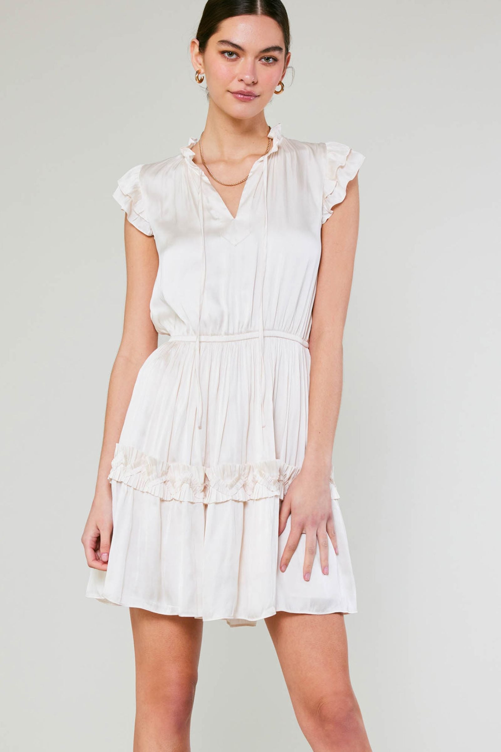CURRENT AIR SHORT SLEEVE RUFFLED SPLIT NECK DRESS - Devine 23