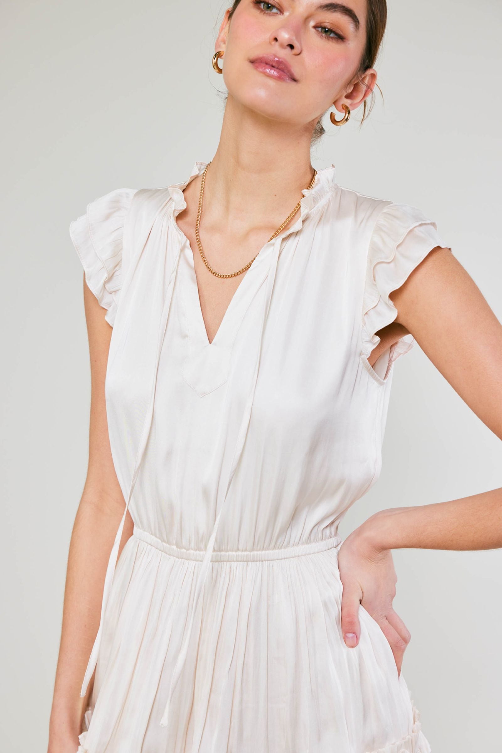 CURRENT AIR SHORT SLEEVE RUFFLED SPLIT NECK DRESS - Devine 23