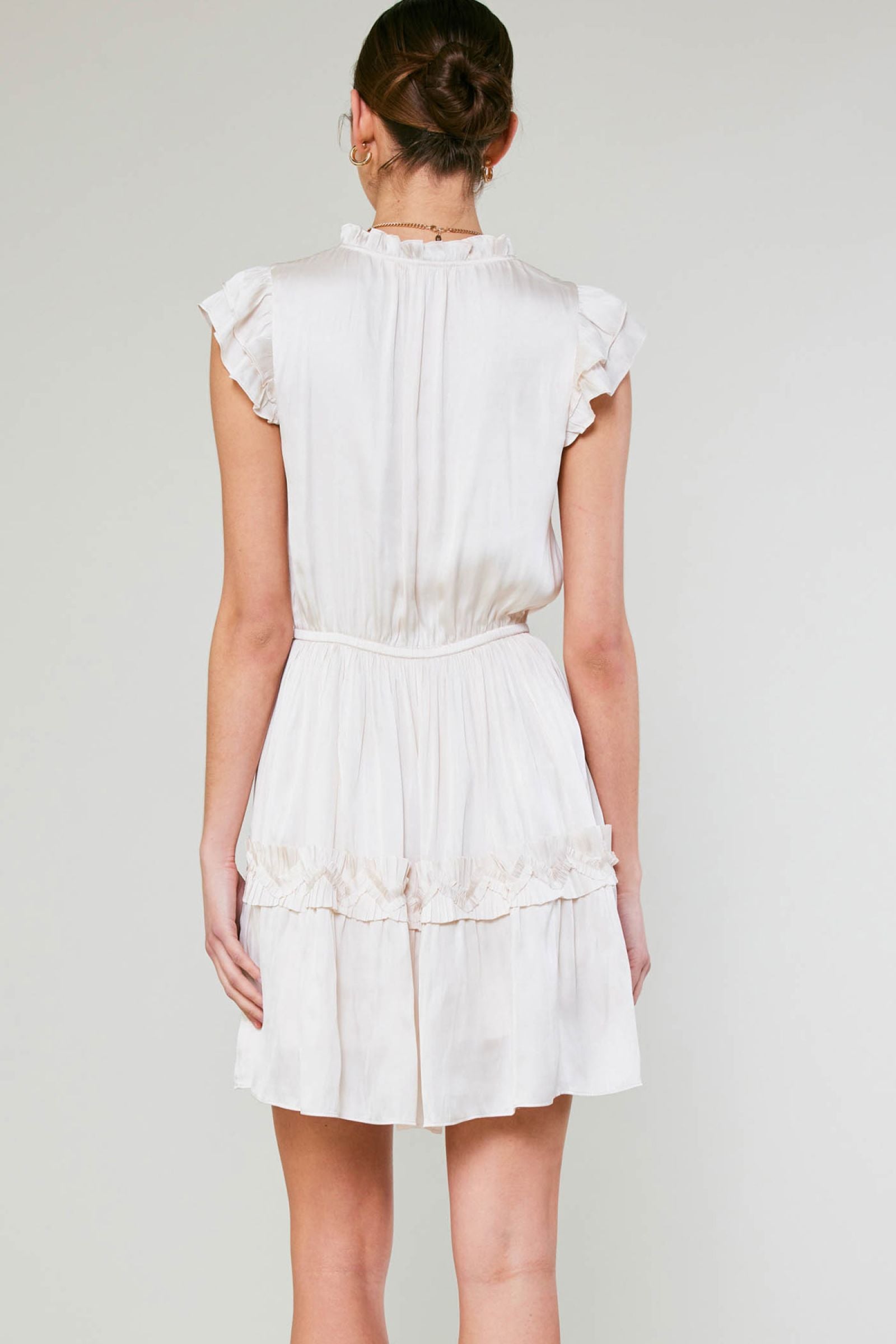CURRENT AIR SHORT SLEEVE RUFFLED SPLIT NECK DRESS - Devine 23