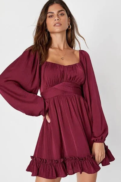Lulus Satin Long Sleeve Skater Mini Dress - Devine 23