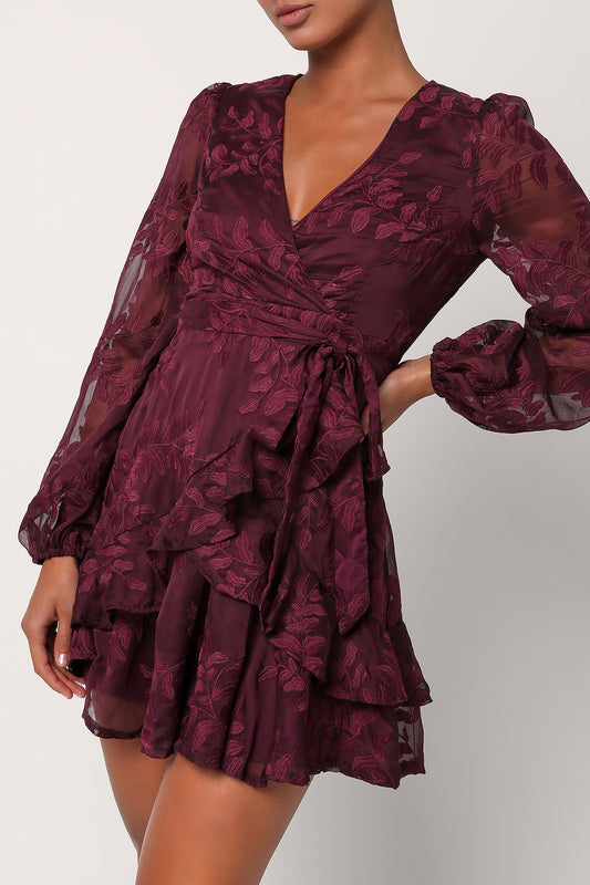 LULUS INCLINED TO ROMANCE BURGUNDY FLORAL EMBROIDERED MINI DRESS - Devine 23