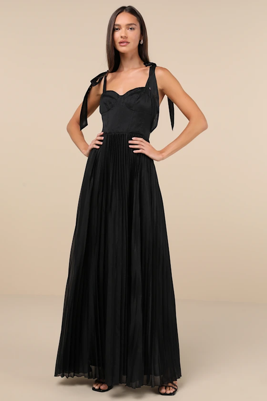 LULUS ATTENTIVE ELEGANCE BLACK TIE-STRAP BUSTIER PLEATED MAXI DRESS - Devine 23