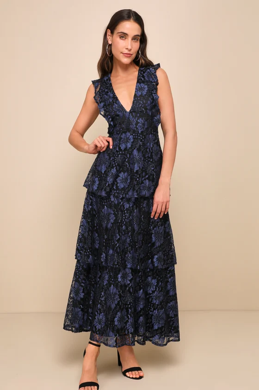 LULUS MOLINETTO NAVY BLUE LACE RUFFLED TIERED SLEEVELESS MAXI DRESS - Devine 23