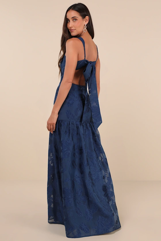 LULUS OPULENT AURA NAVY FLORAL JACQUARD TIE-BACK DROP WAIST MAXI DRESS - Devine 23