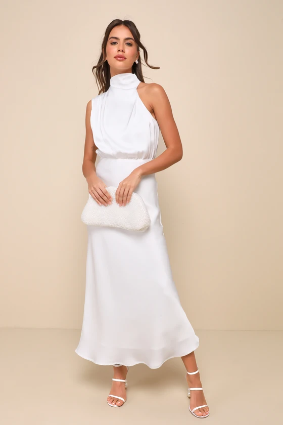 LULUS DISTINCTIVE CHARM WHITE SATIN ASYMMETRICAL MIDI DRESS - Devine 23
