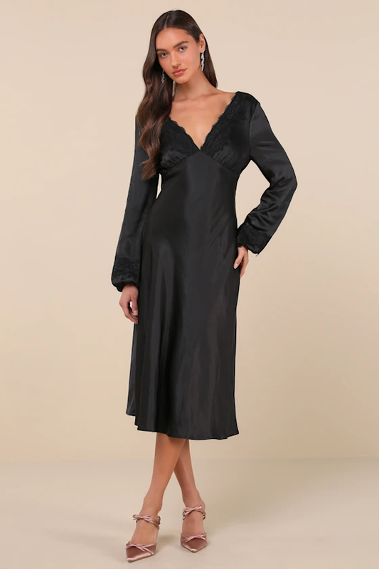 Lulus Elegance Black Satin Long Sleeve Midi Dress - Devine 23