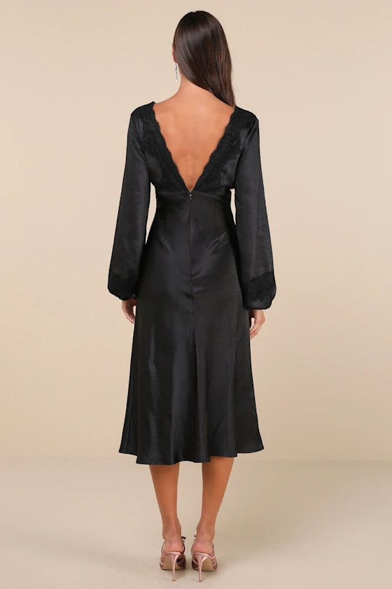 Lulus Elegance Black Satin Long Sleeve Midi Dress - Devine 23