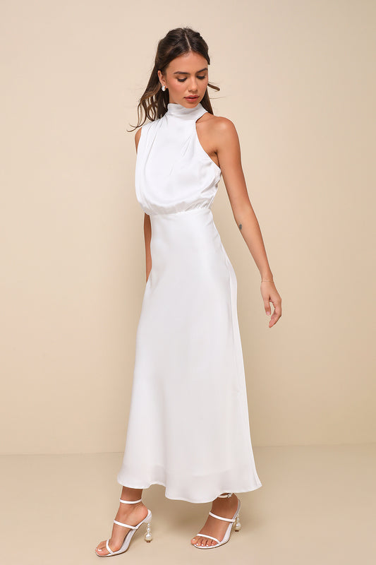 LULUS DISTINCTIVE CHARM WHITE SATIN ASYMMETRICAL MIDI DRESS - Devine 23